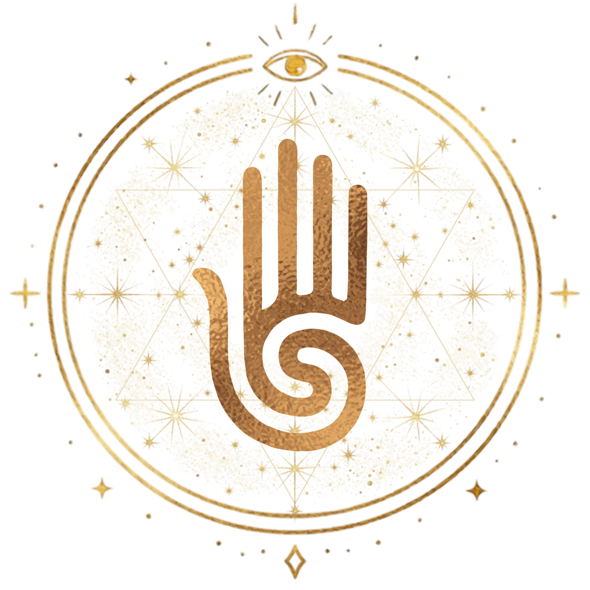The Alchemy Sessions emblem: a golden hand holding a spiral, surrounded by starlight, an eye, and sacred rings.